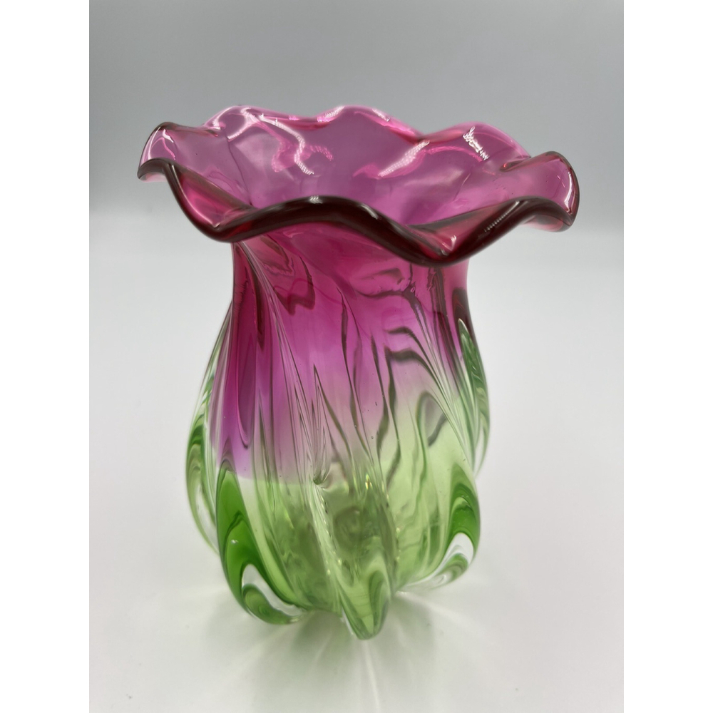 Twist Art Glass Ruffled Edge Teleflora Vase VTG 1990 Watermelon Pink Green 7.25